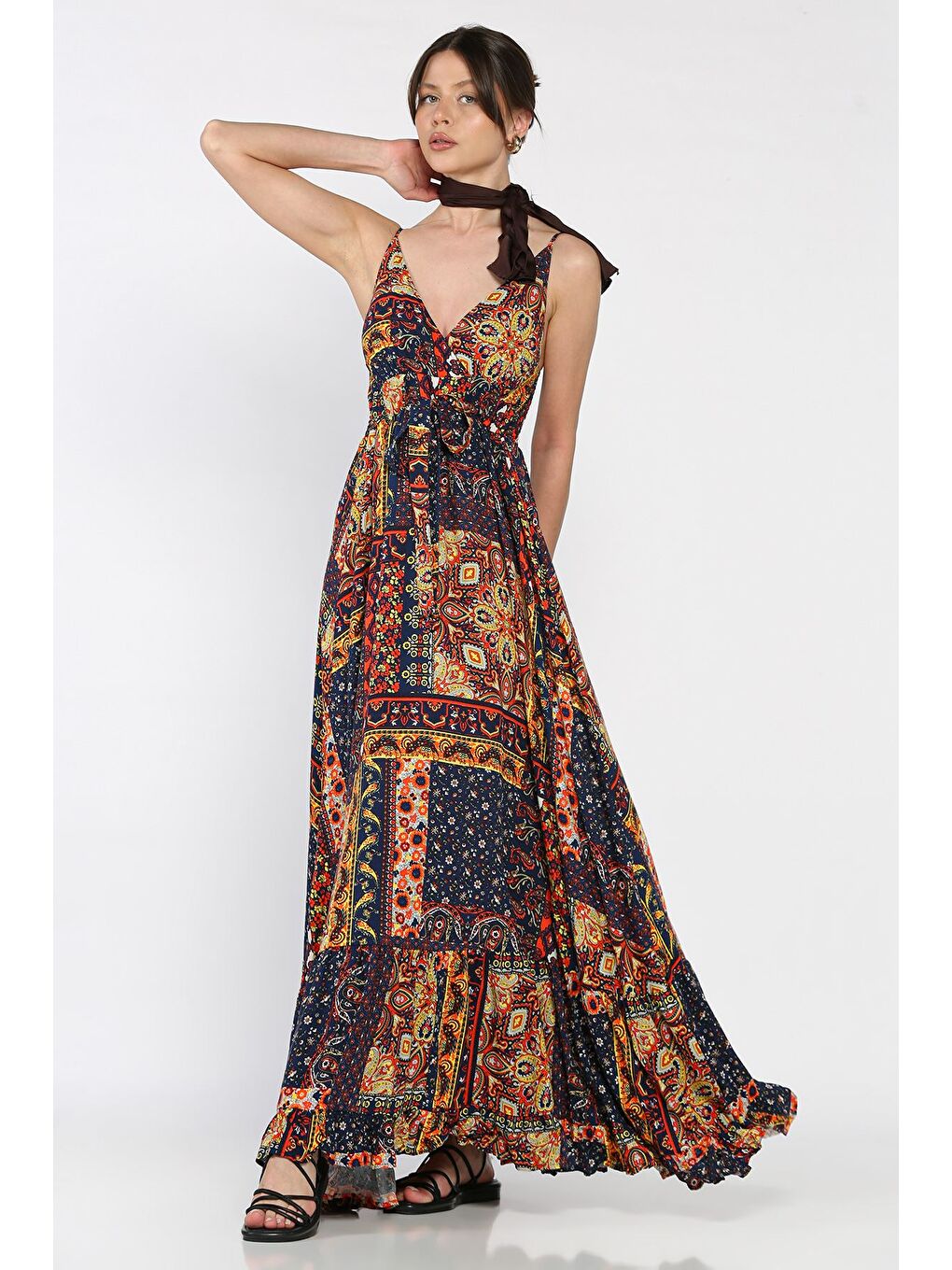 Lacivert İp Askılı Bel Bağcıklı Desenli Viskon Elbise-1