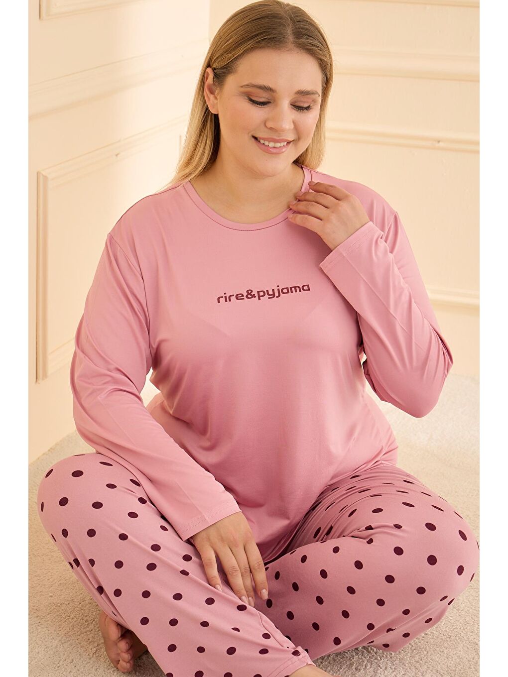 Pembe Kadın Milan Battal Bisiklet Yaka Pijama Takım | Pudra 50802-2423-2