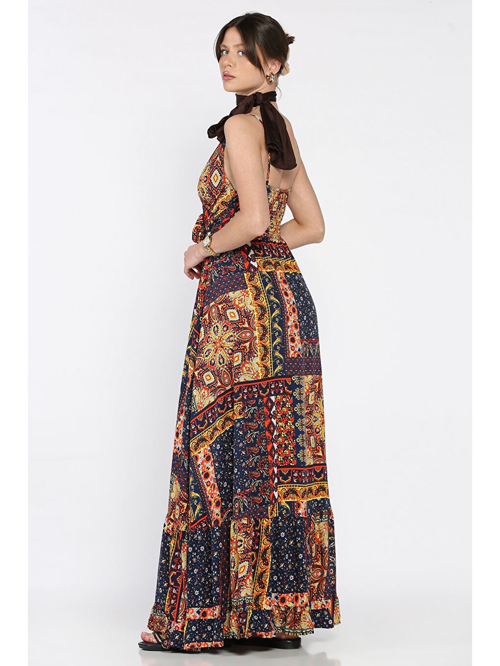 Lacivert İp Askılı Bel Bağcıklı Desenli Viskon Elbise-2