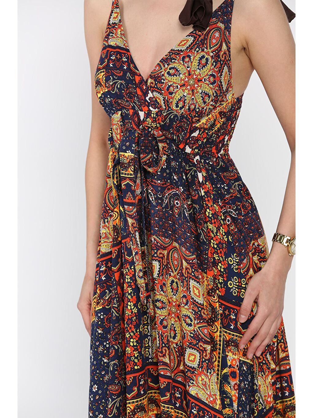 Lacivert İp Askılı Bel Bağcıklı Desenli Viskon Elbise-3