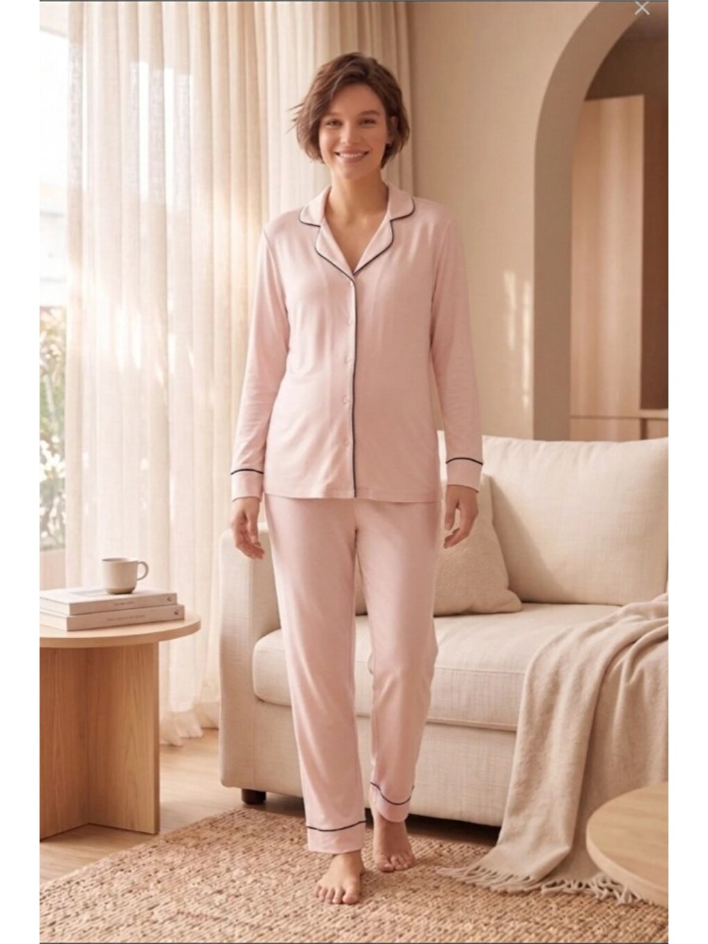 Bej Gömlek Yaka Önden Düğmeli Uzun Kol Rahat Form Hamile Ve Lohusa Pijama Takımı-1
