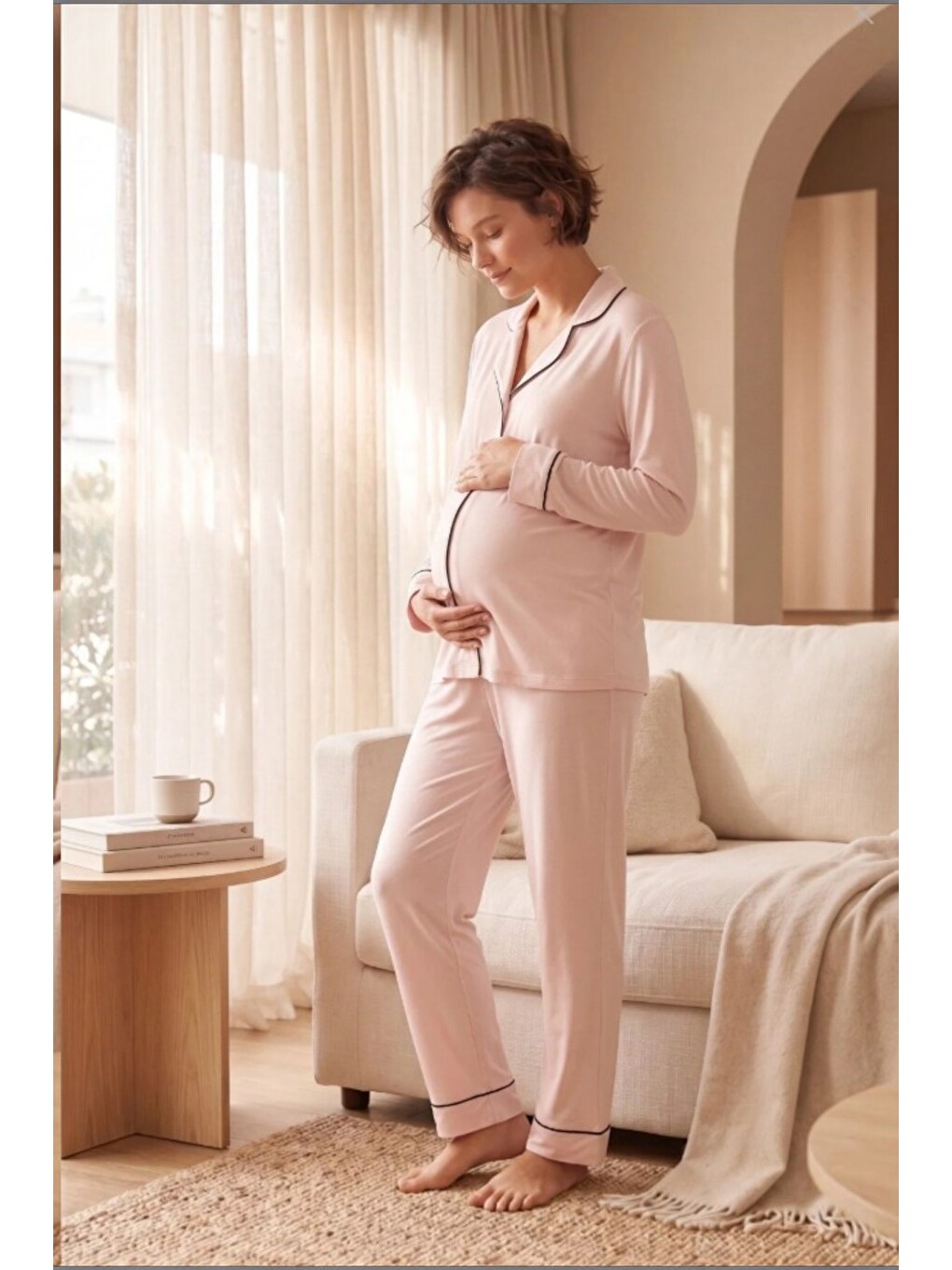 Bej Gömlek Yaka Önden Düğmeli Uzun Kol Rahat Form Hamile Ve Lohusa Pijama Takımı-2