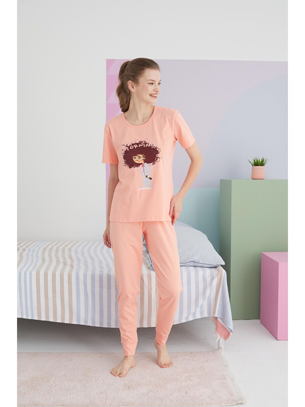 SİYAH İNCİ Somon Pamuklu Örme Pijama Takım