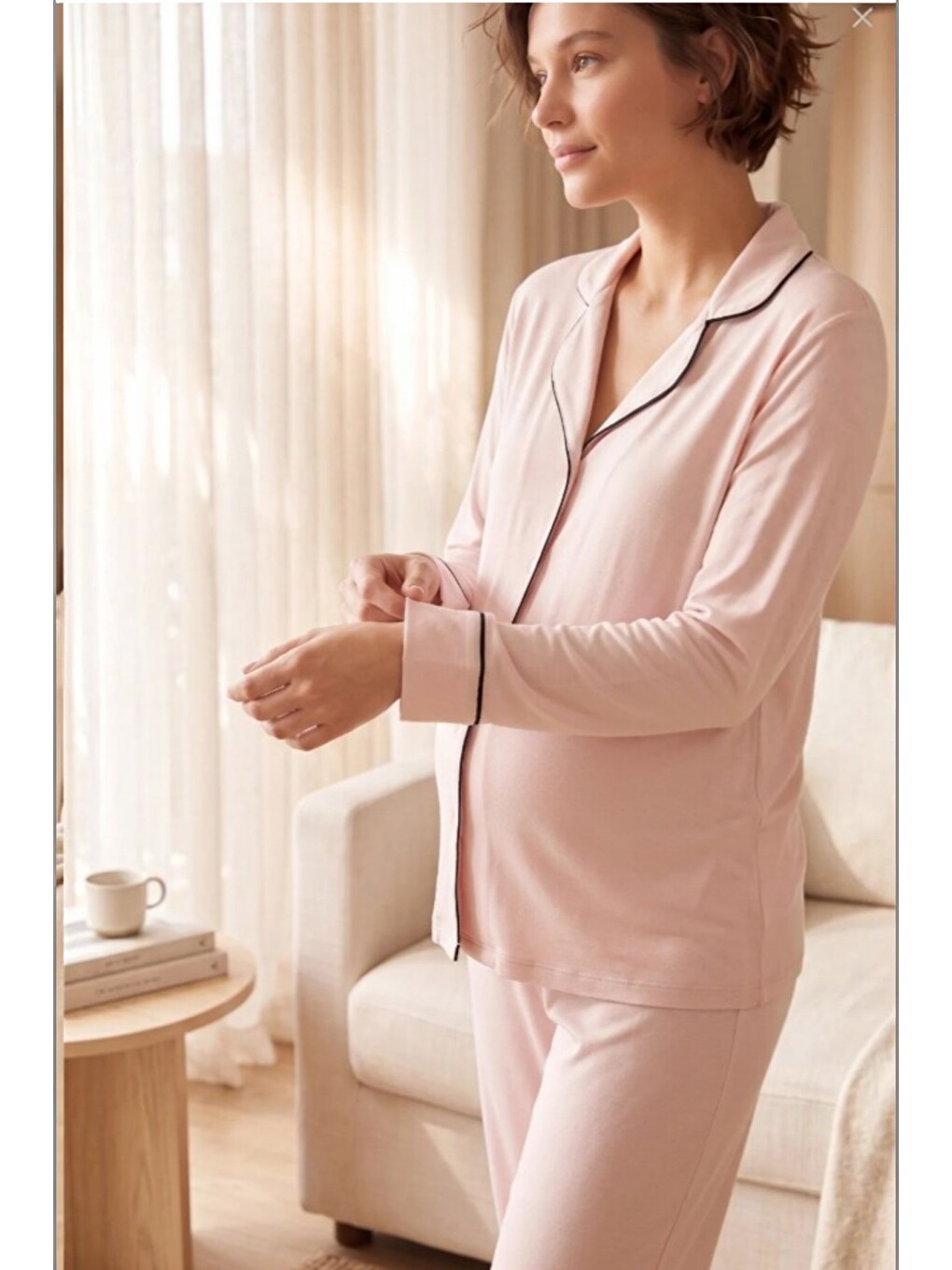 Bej Gömlek Yaka Önden Düğmeli Uzun Kol Rahat Form Hamile Ve Lohusa Pijama Takımı-3