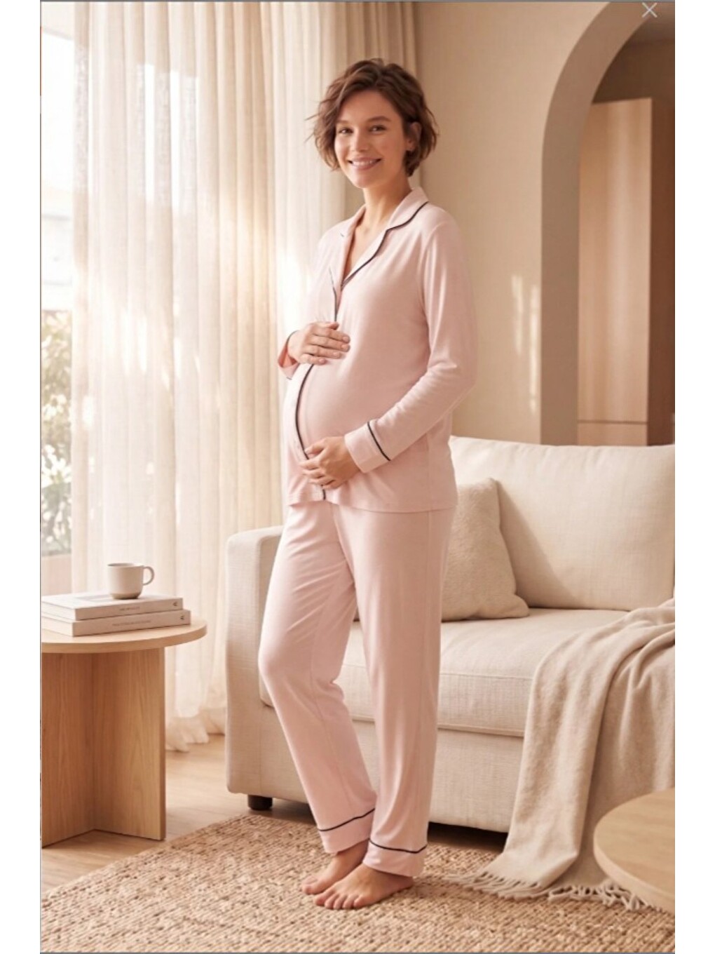 Bej Gömlek Yaka Önden Düğmeli Uzun Kol Rahat Form Hamile Ve Lohusa Pijama Takımı-4