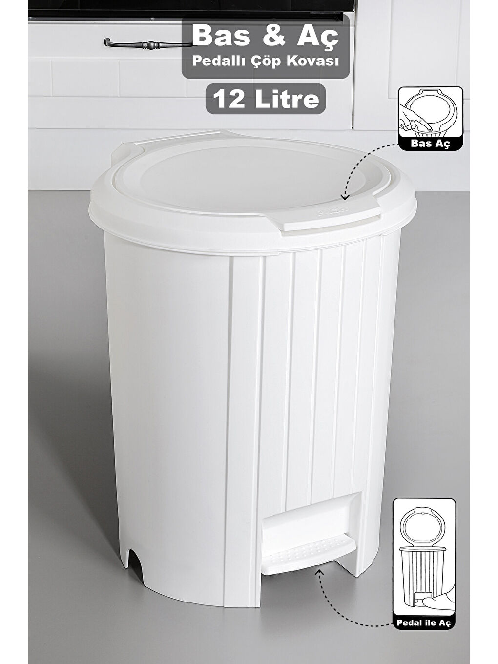 Beyaz 12 Litre Bas Aç Kapaklı Çöp Kovası