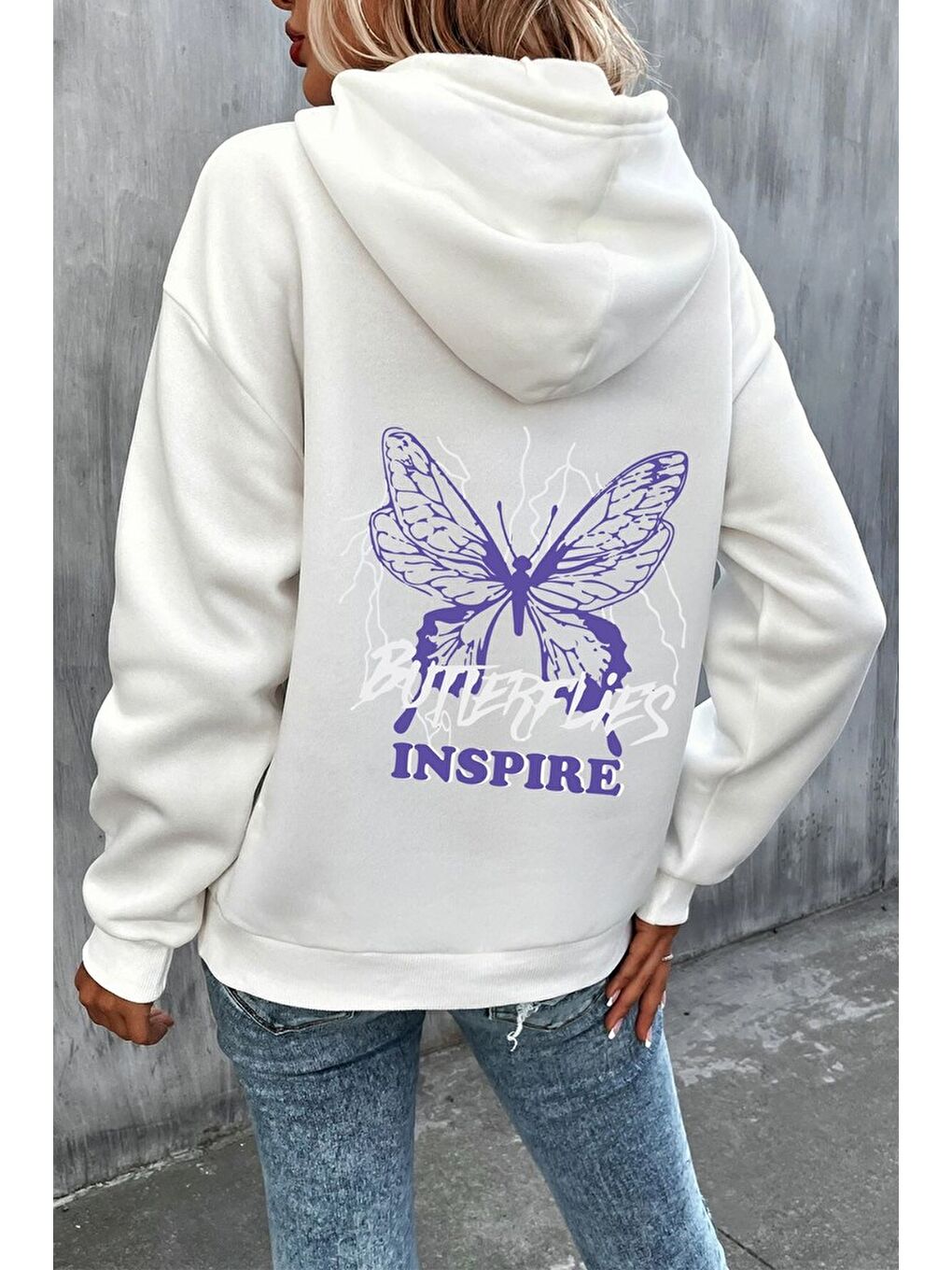 uyguntarz Beyaz Unisex Butterfly & Letter Graphic Baskılı Sweatshirt