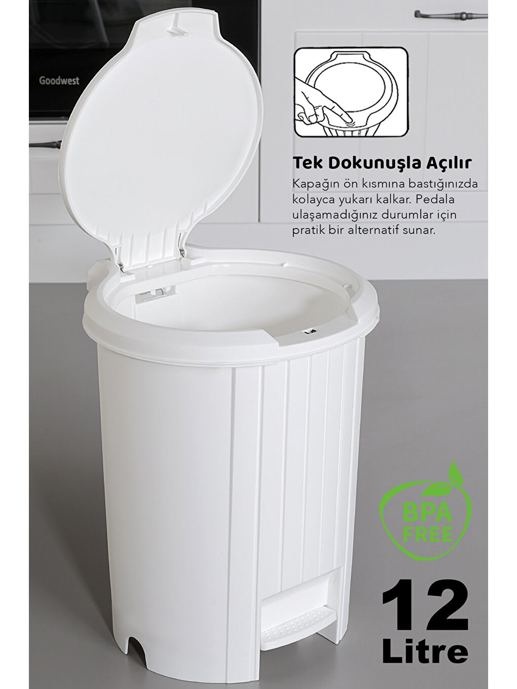 Beyaz 12 Litre Bas Aç Kapaklı Çöp Kovası-1