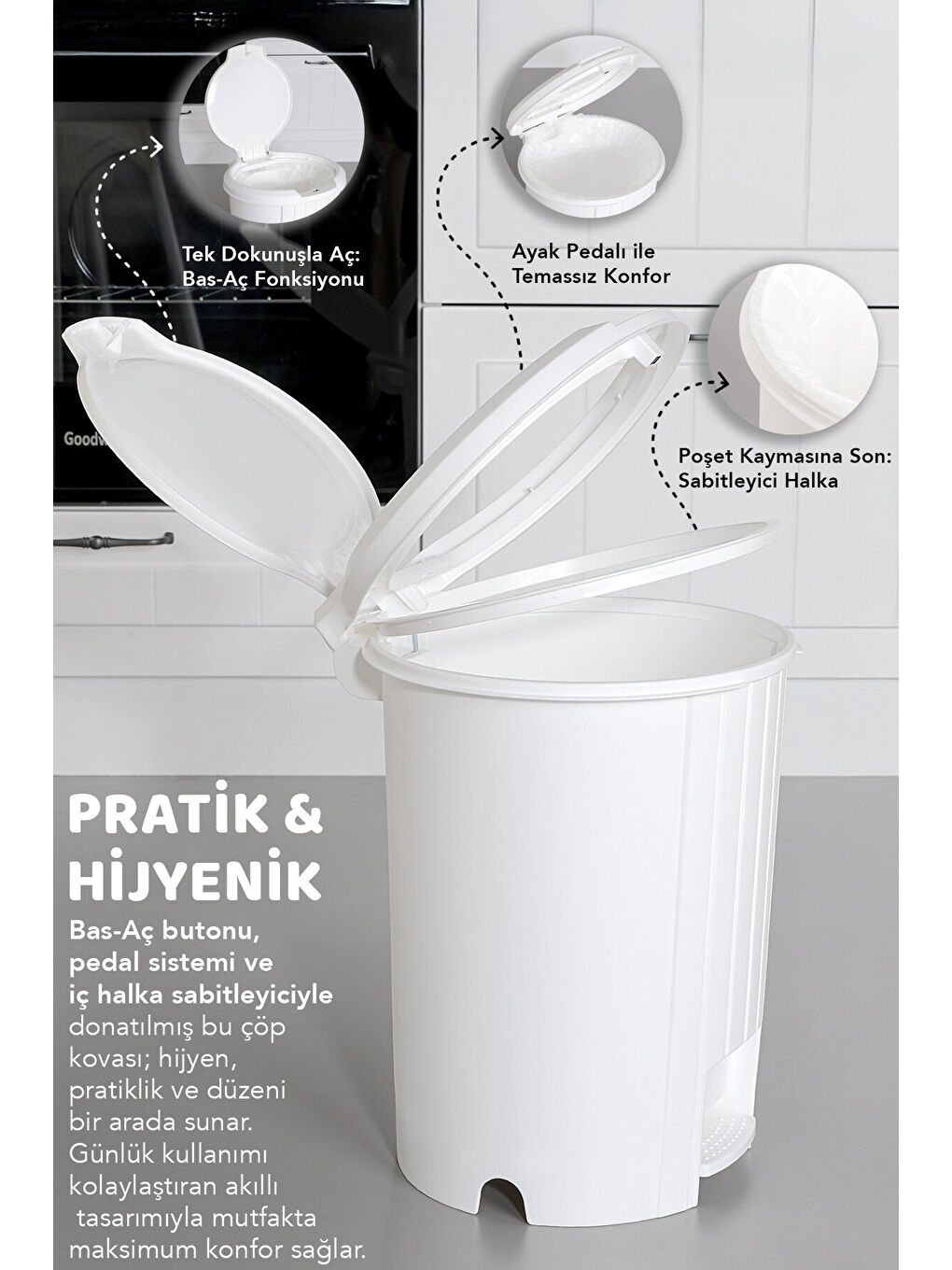 Beyaz 12 Litre Bas Aç Kapaklı Çöp Kovası-2