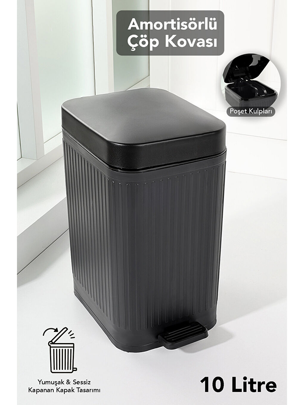 Siyah 10 Lt Pedallı Sessiz Çöp Kovası