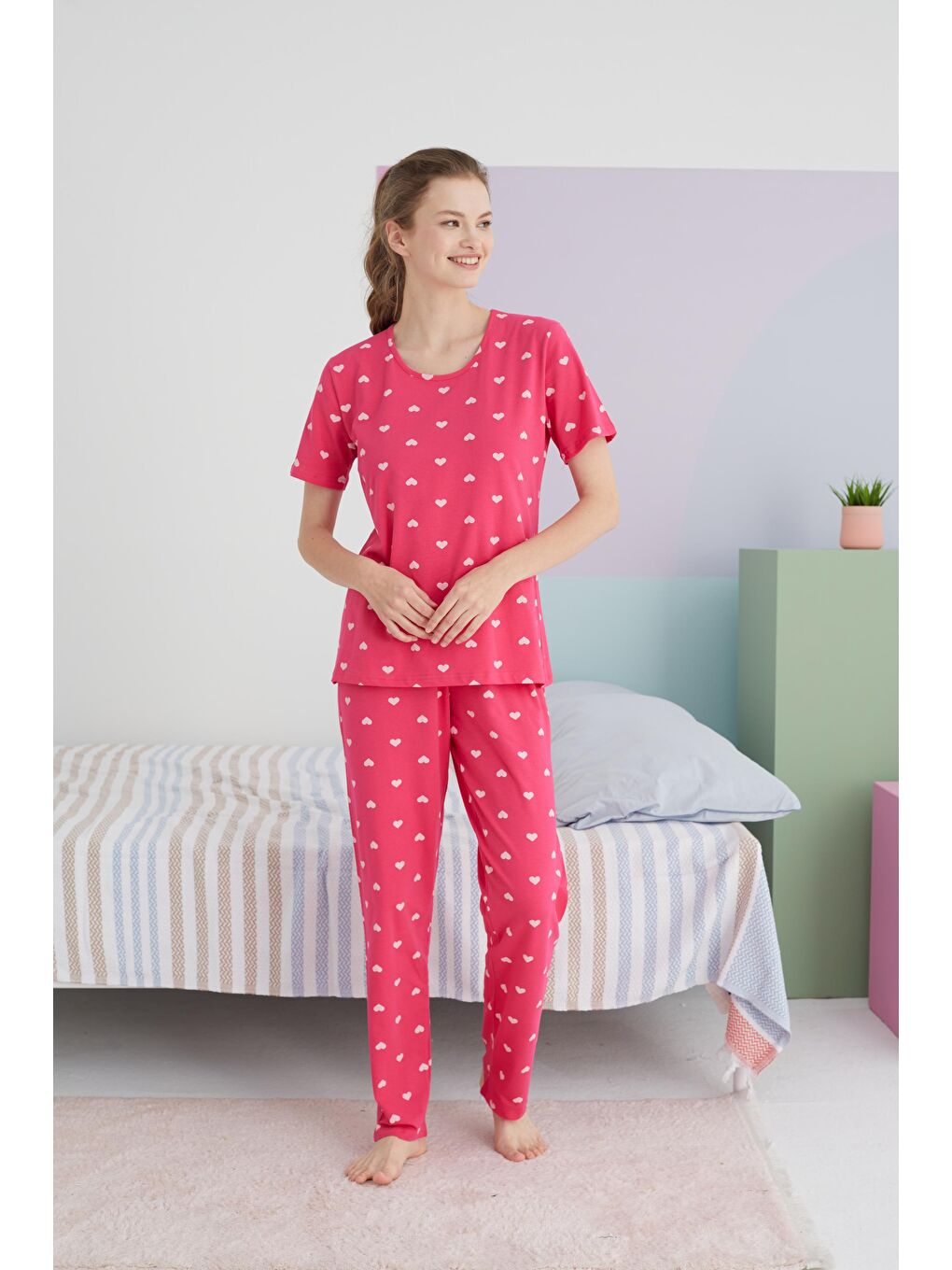 SİYAH İNCİ Fuşya fuşya Pamuklu Örme Pijama Takım