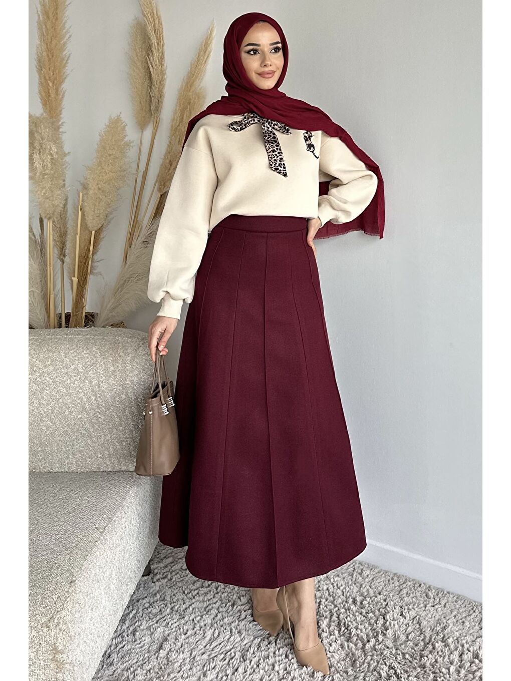 Bordo Bel Lastikli Çimalı Kaşe Tesettür Etek-2