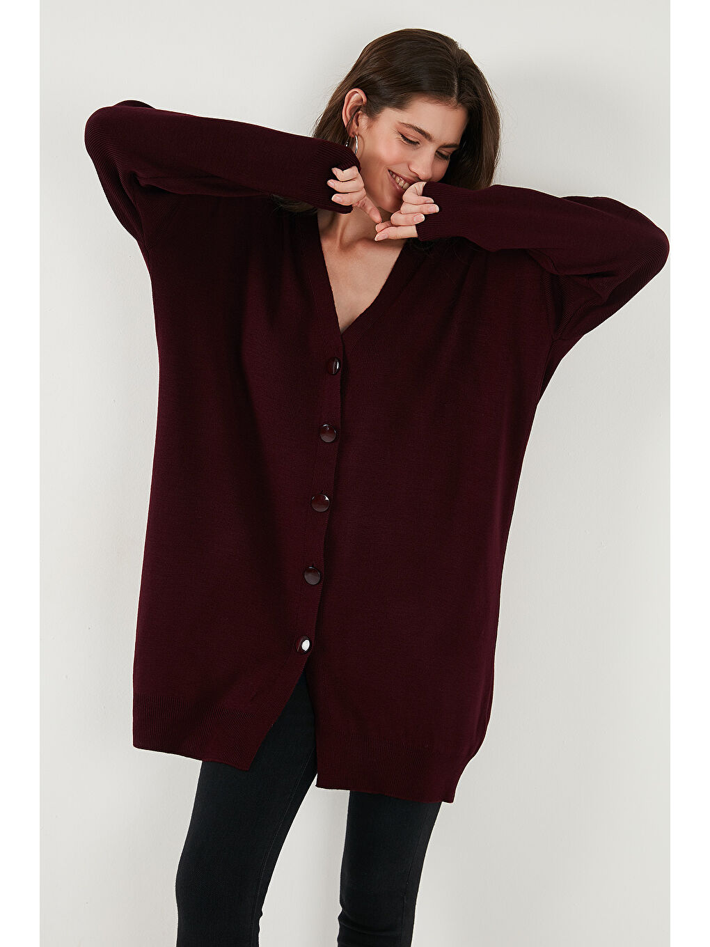Bordo V Yaka Düğmeli Triko Kadın Hırka 4616031-4