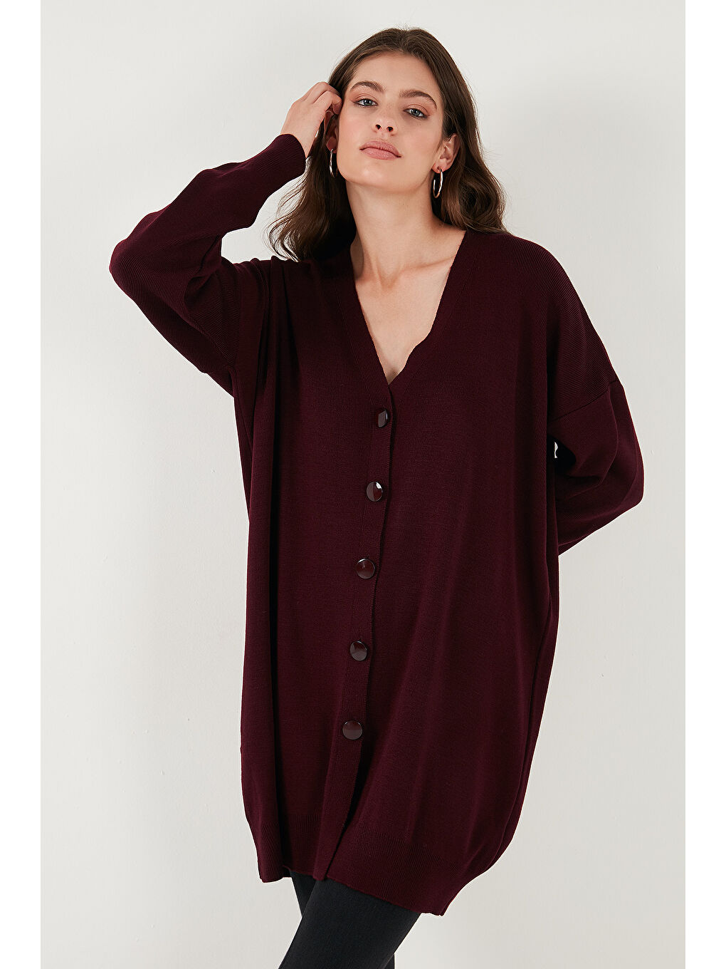 Bordo V Yaka Düğmeli Triko Kadın Hırka 4616031-5