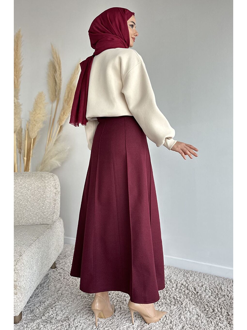 Bordo Bel Lastikli Çimalı Kaşe Tesettür Etek-5