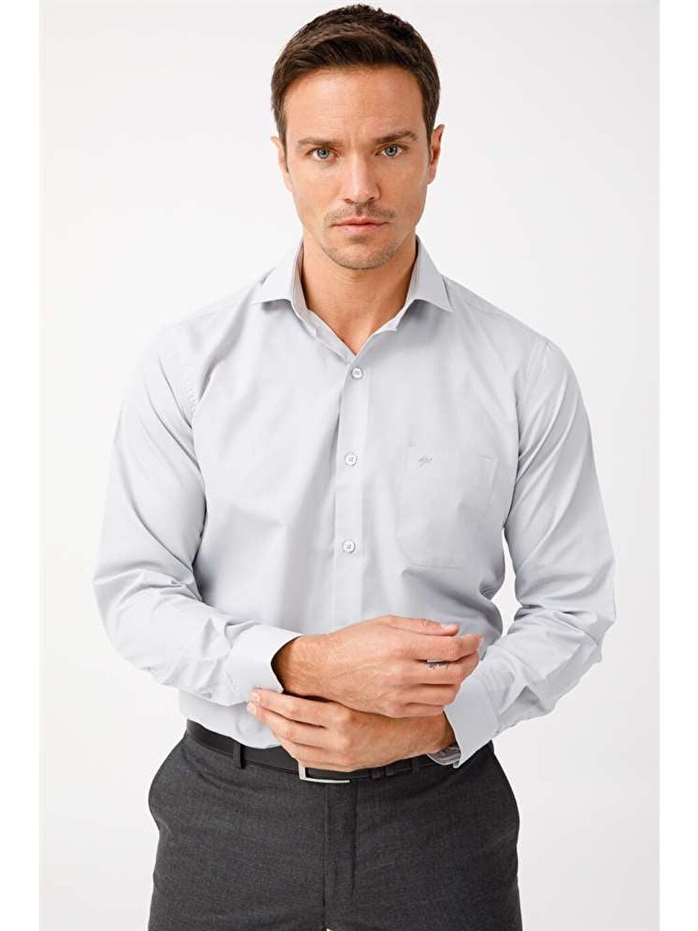 Açık Gri Regular Fit Klasik Yaka Düz Uzun Kollu Cepli Kolay Ütülenir Gömlek-4