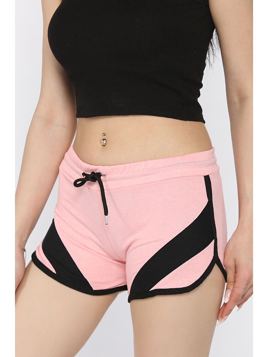 Pembe Biyeli Kadın Baskılı Mini Şort-1