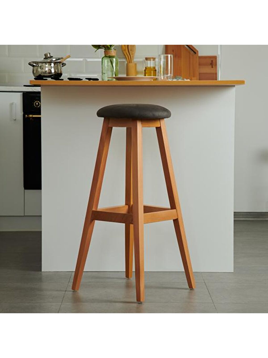 Kahverengi Yuvarlak Masif Tabure - Natürel / Antrasit