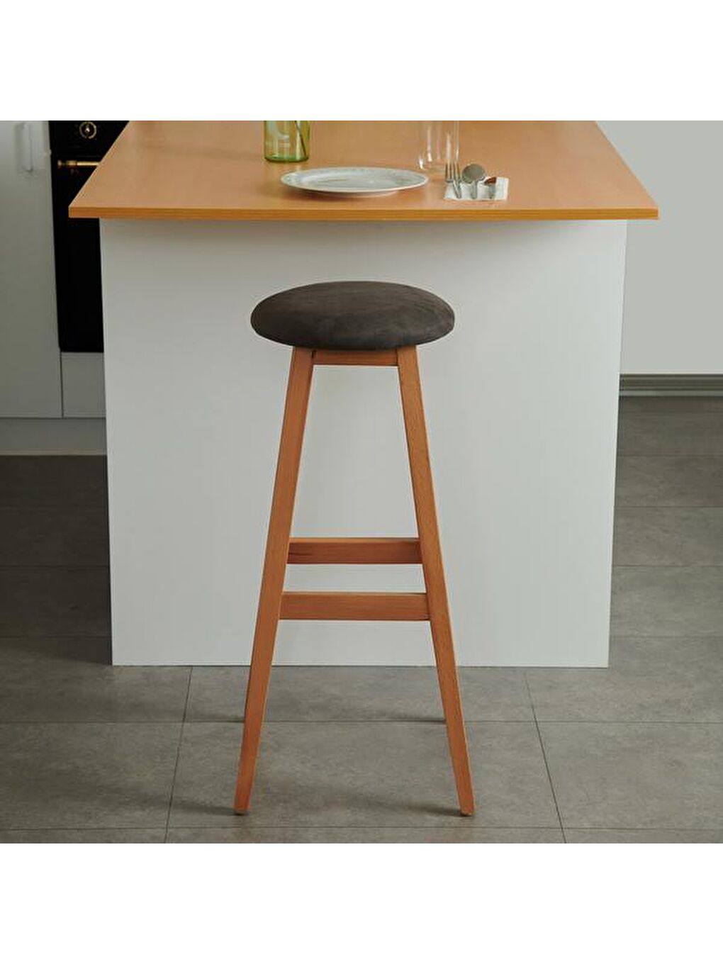 Kahverengi Yuvarlak Masif Tabure - Natürel / Antrasit-5