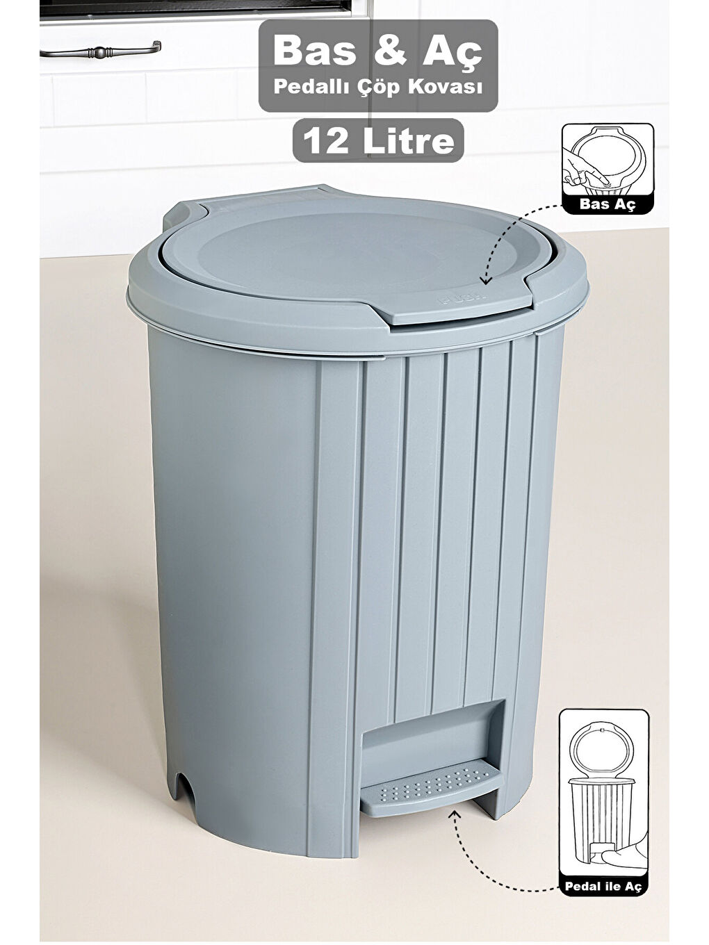 Gri 12 Litre Bas Aç Kapaklı Çöp Kovası