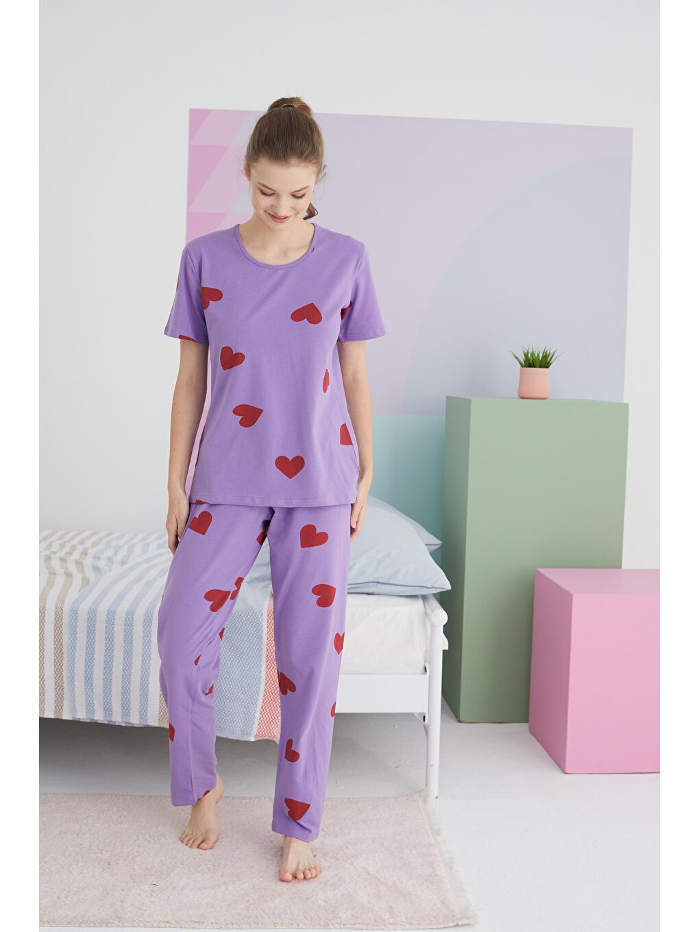 SİYAH İNCİ Açık Mor açık mor Pamuklu Örme Pijama Takım