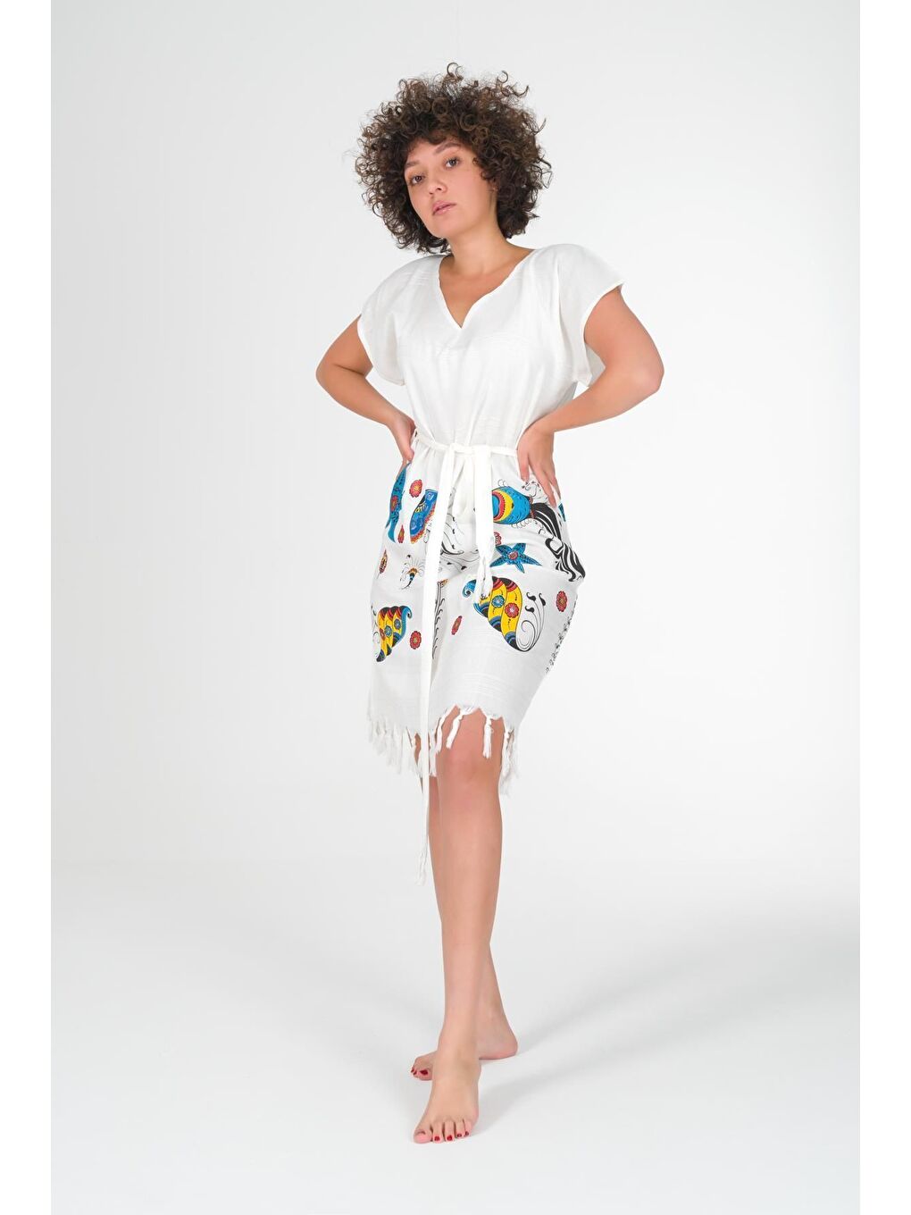 Ekru Baskılı Bambu Plaj Elbisesi Seastar S-1
