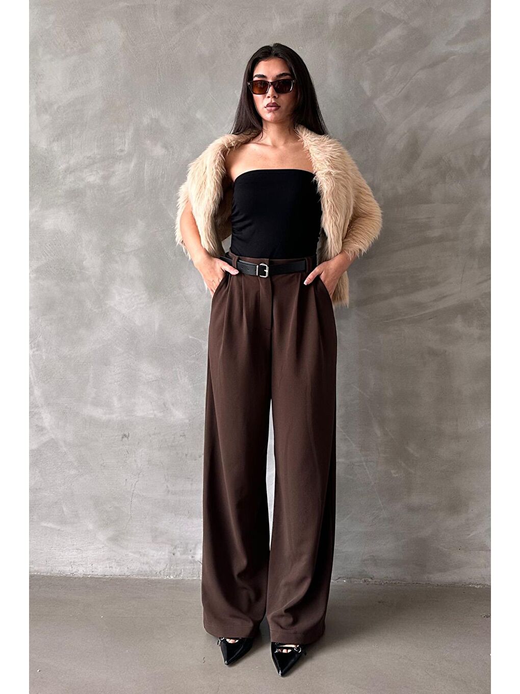 Kahverengi Çift Pileli Kemerli Pantolon Mg2330-1