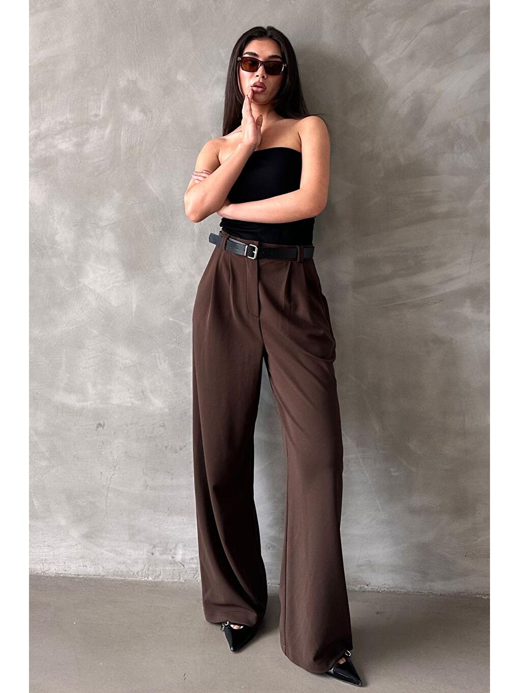 Kahverengi Çift Pileli Kemerli Pantolon Mg2330-3