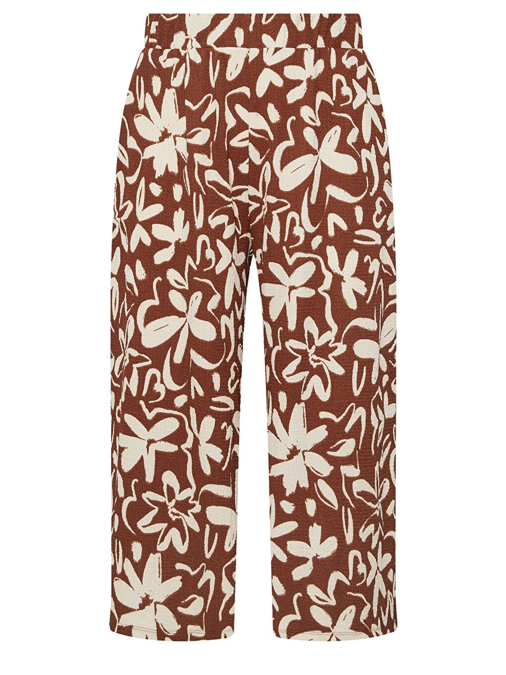 Kahverengi Büyük Beden Beli Lastikli Cepli Çiçek Desenli Kapri Pantolon 145293-5