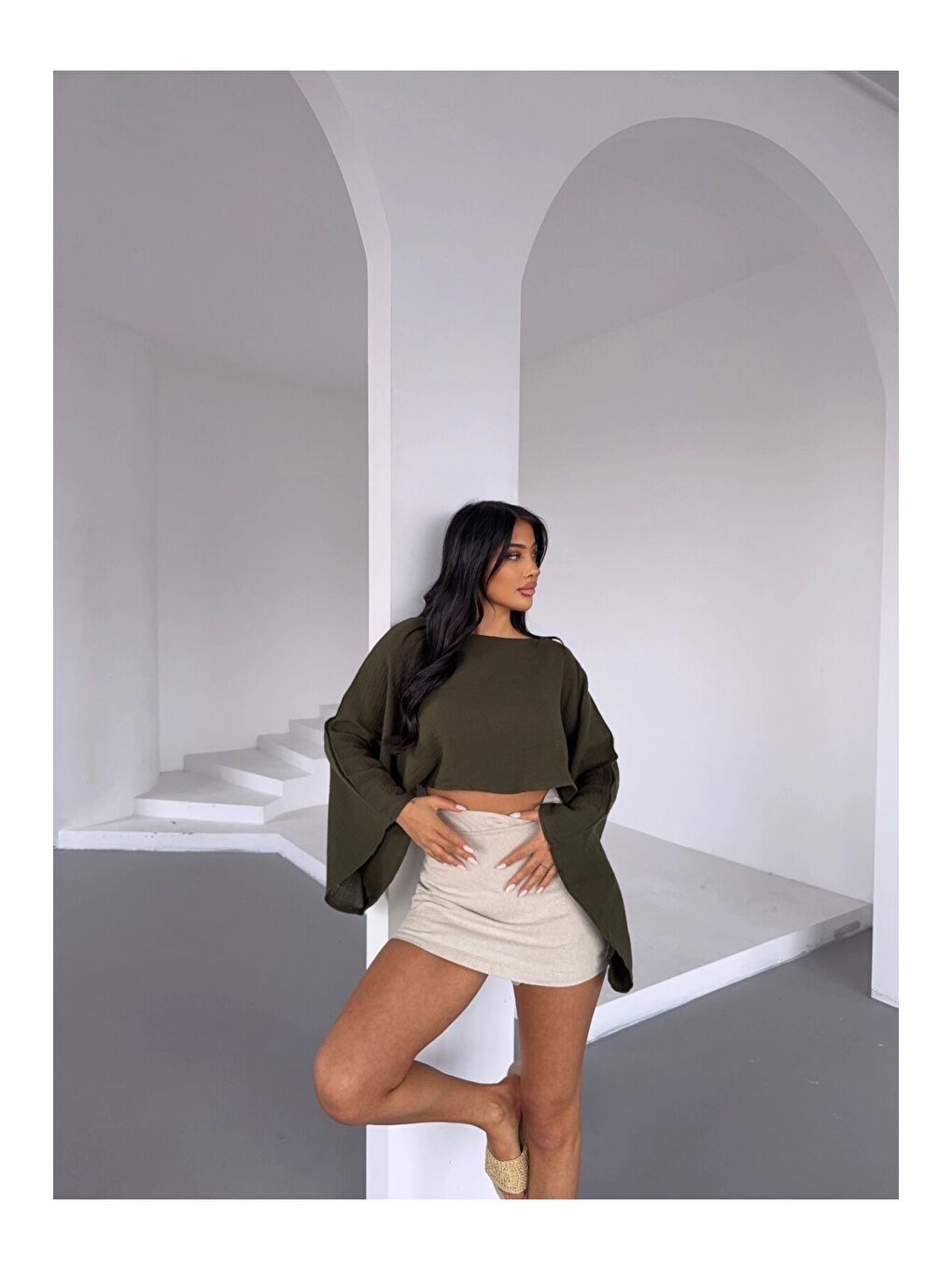 Kadın Haki Panço Model Müslin Bluz HZL25S-DSB16161-1
