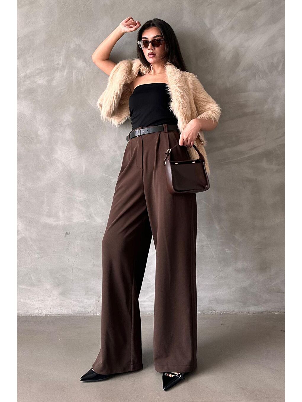 Kahverengi Çift Pileli Kemerli Pantolon Mg2330-5