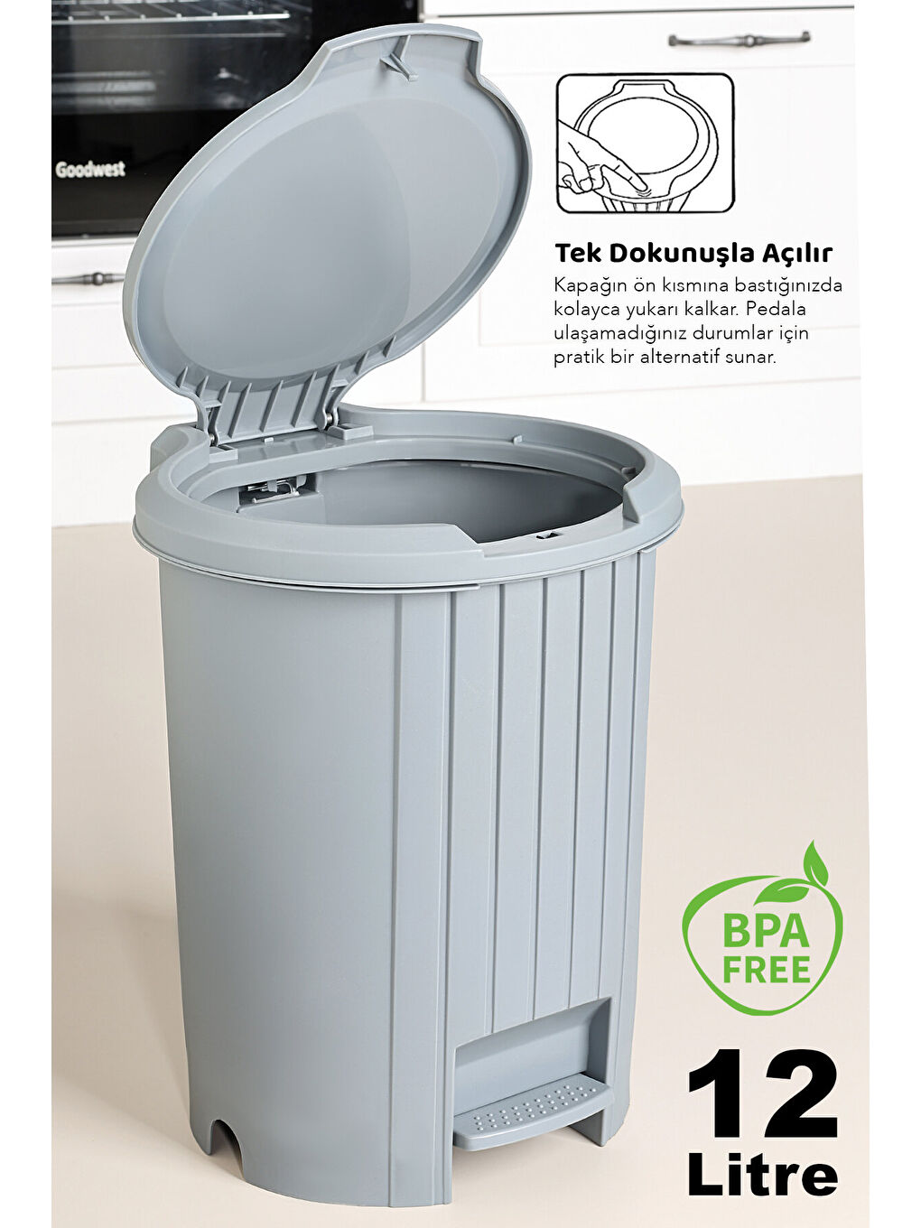 Gri 12 Litre Bas Aç Kapaklı Çöp Kovası-1