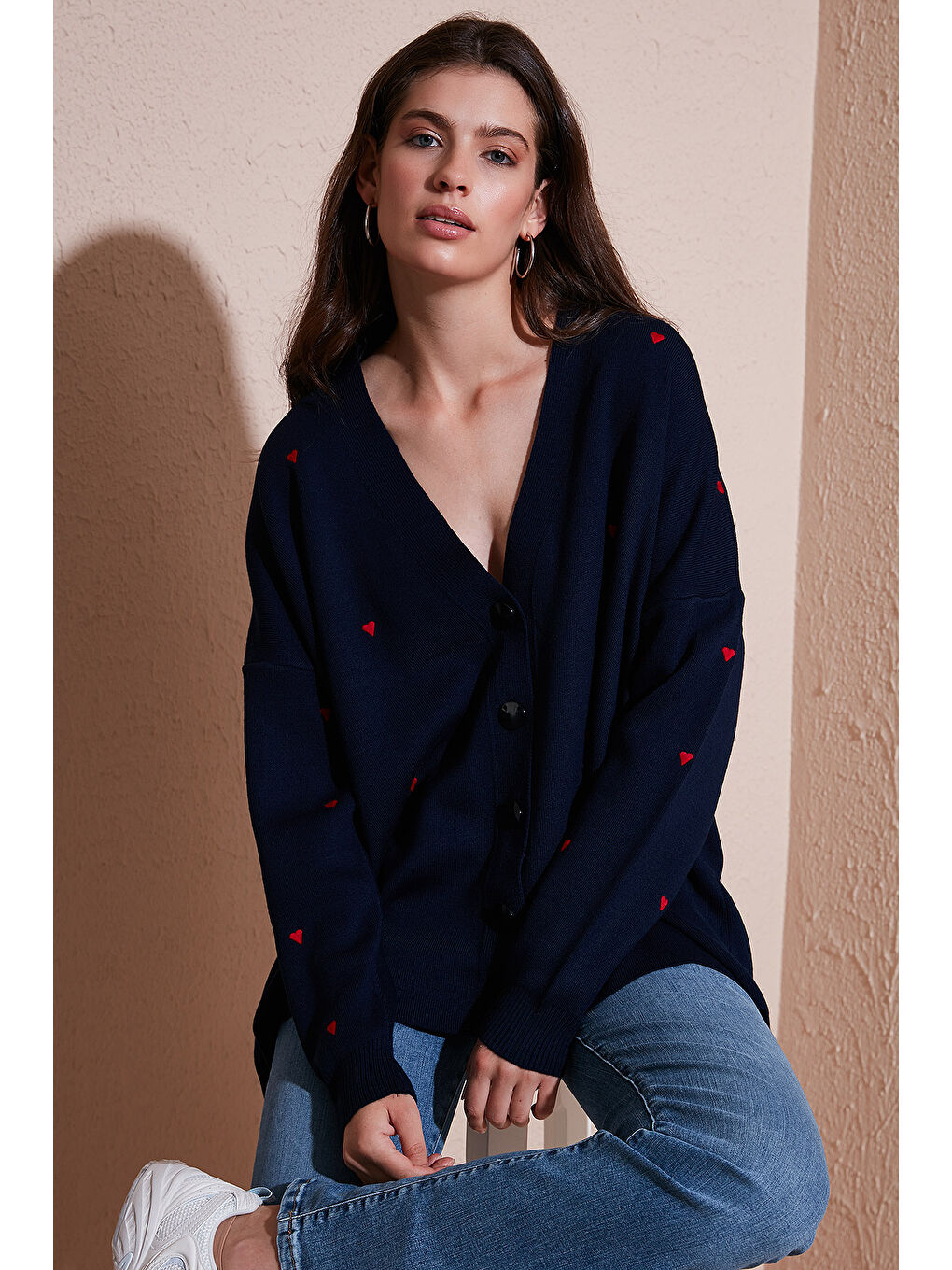 Lacivert Rahat Kesim V Yaka Triko Kadın Hırka 4616190-1