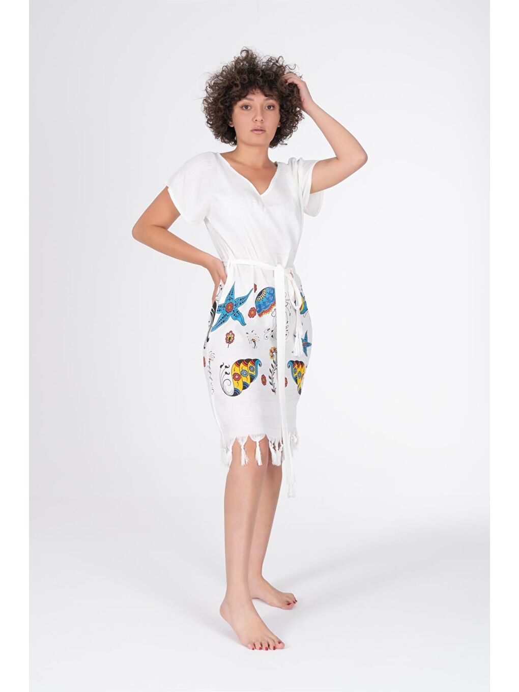 Ekru Baskılı Bambu Plaj Elbisesi Seastar S-4