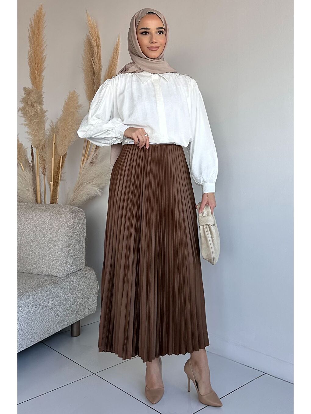 Kahverengi Bel Lastikli Pileli Tesettür Etek-2