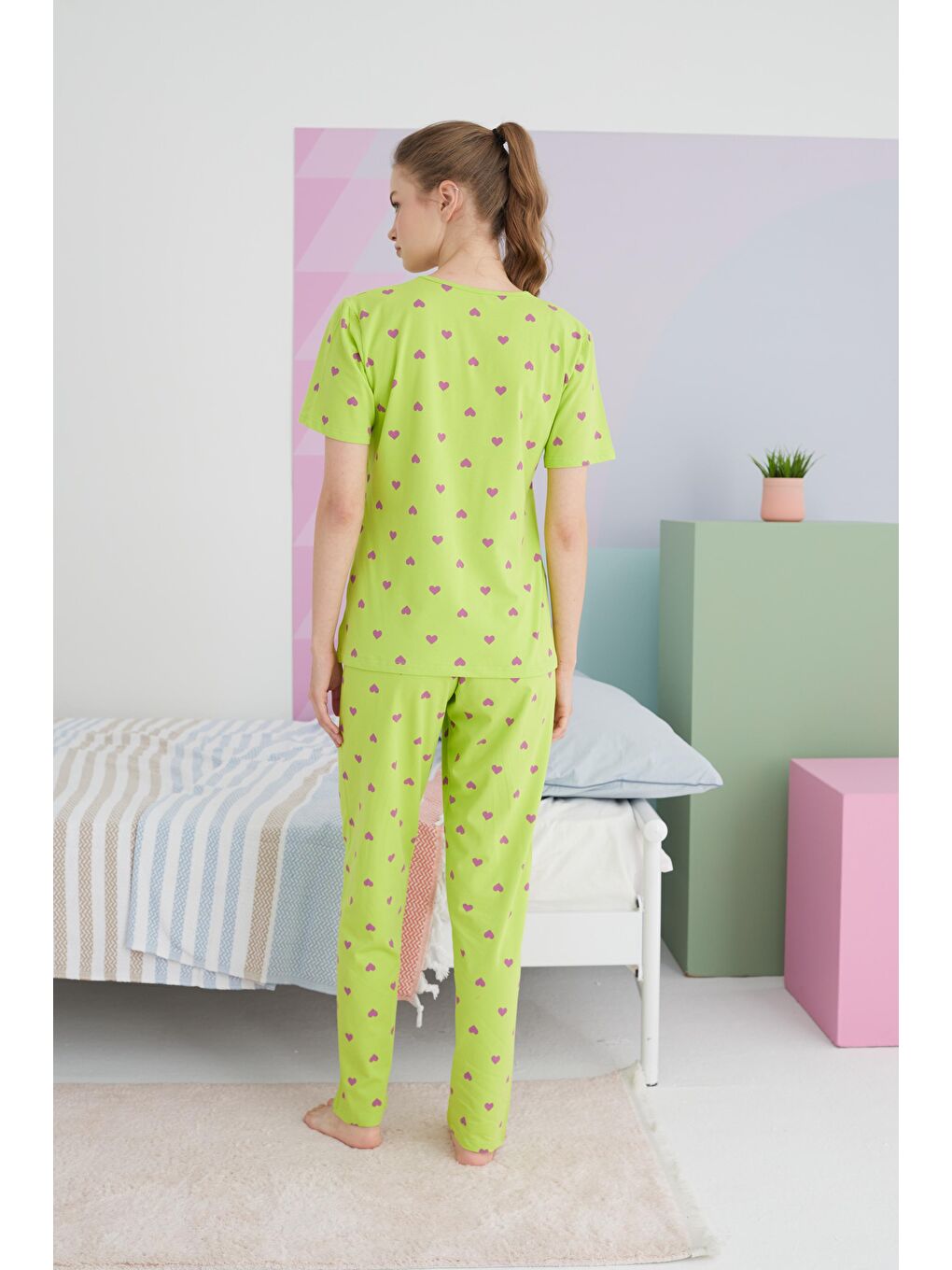 SİYAH İNCİ Yeşil Pamuklu Örme Pijama Takım - 1