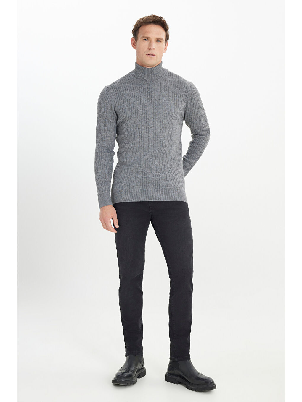Erkek Gri Melanj Yünlü Sıcak Tutan Standart Fit Normal Kesim Saç Örgü Desenli Triko Kazak-1