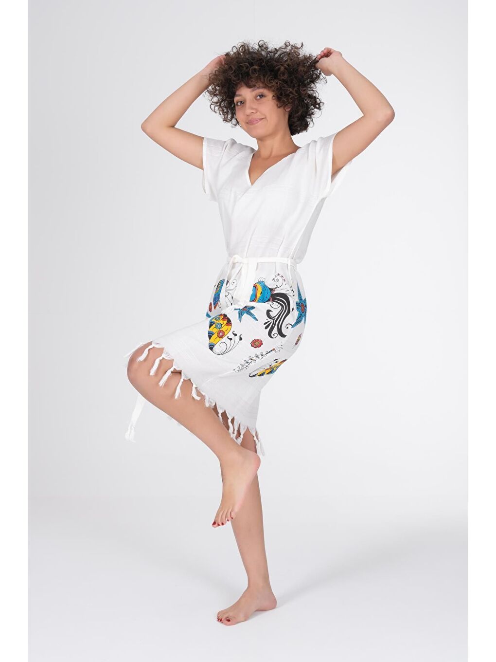 Ekru Baskılı Bambu Plaj Elbisesi Seastar S-5