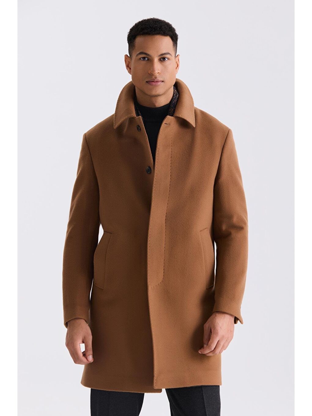 Kahverengi Taba Comfort Fit Berberi Yaka Yünlü Kaşe Kaban