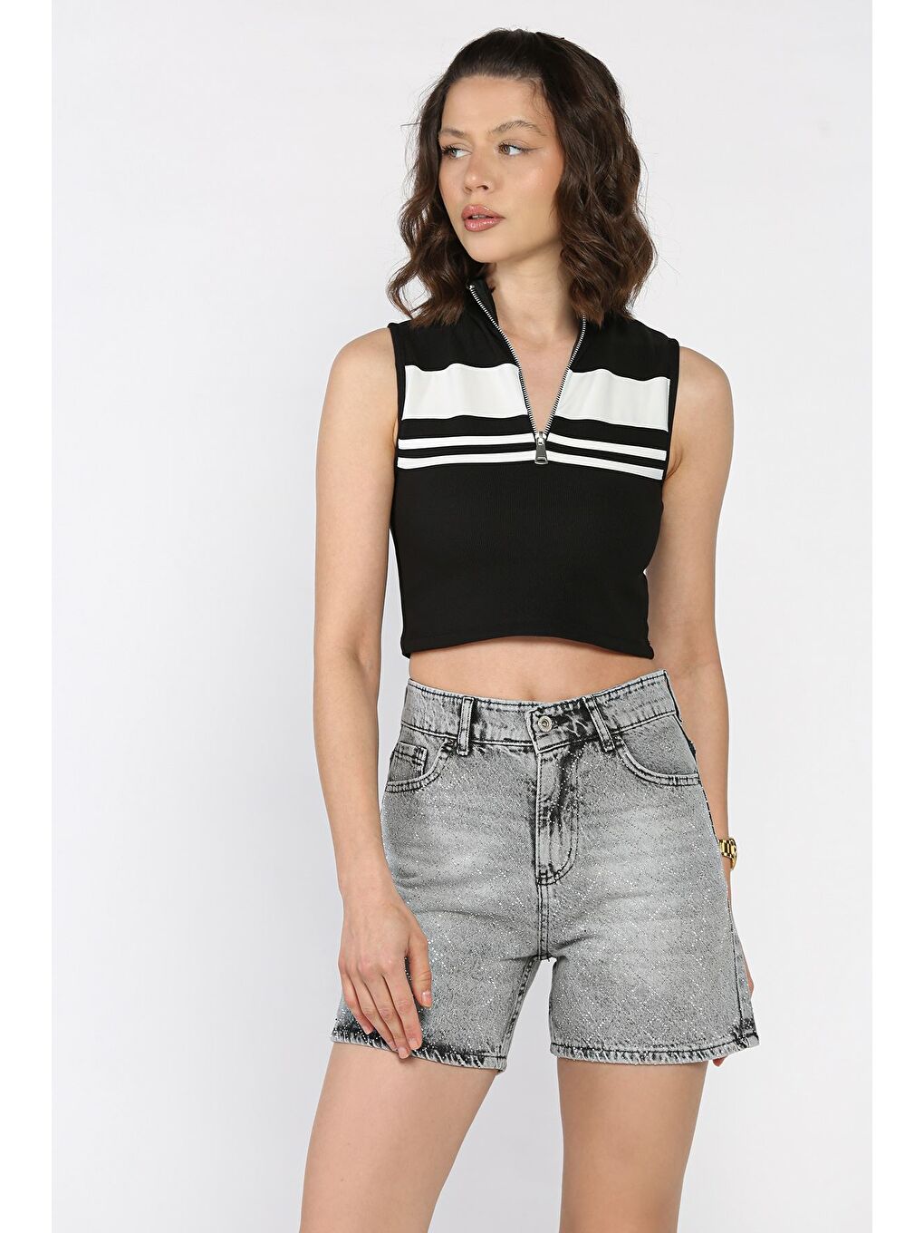 Gri Kadın Taşlı Jean Jean Şort-1