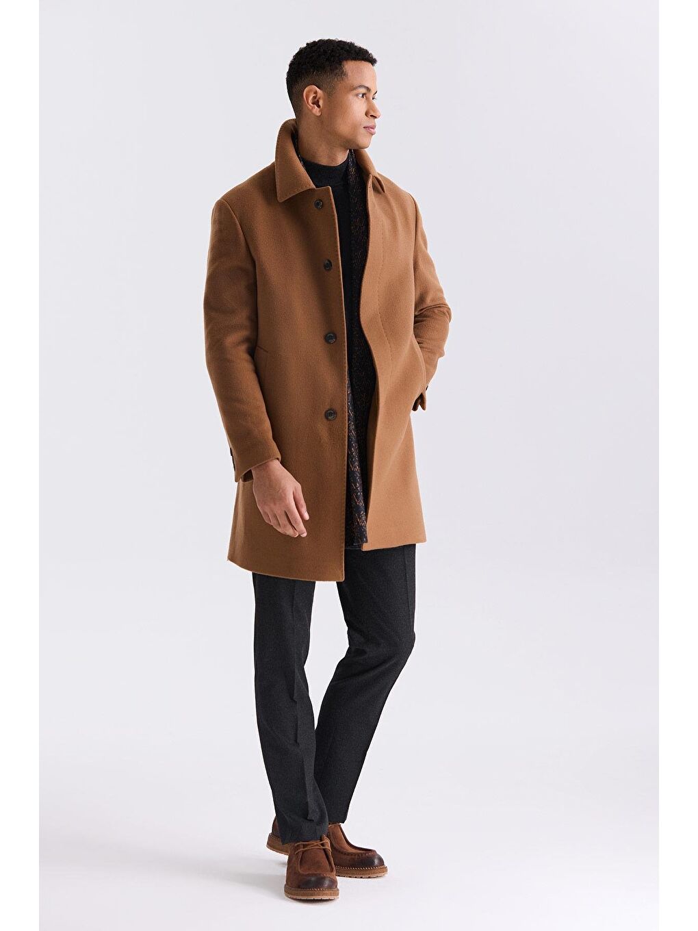 Kahverengi Taba Comfort Fit Berberi Yaka Yünlü Kaşe Kaban-1