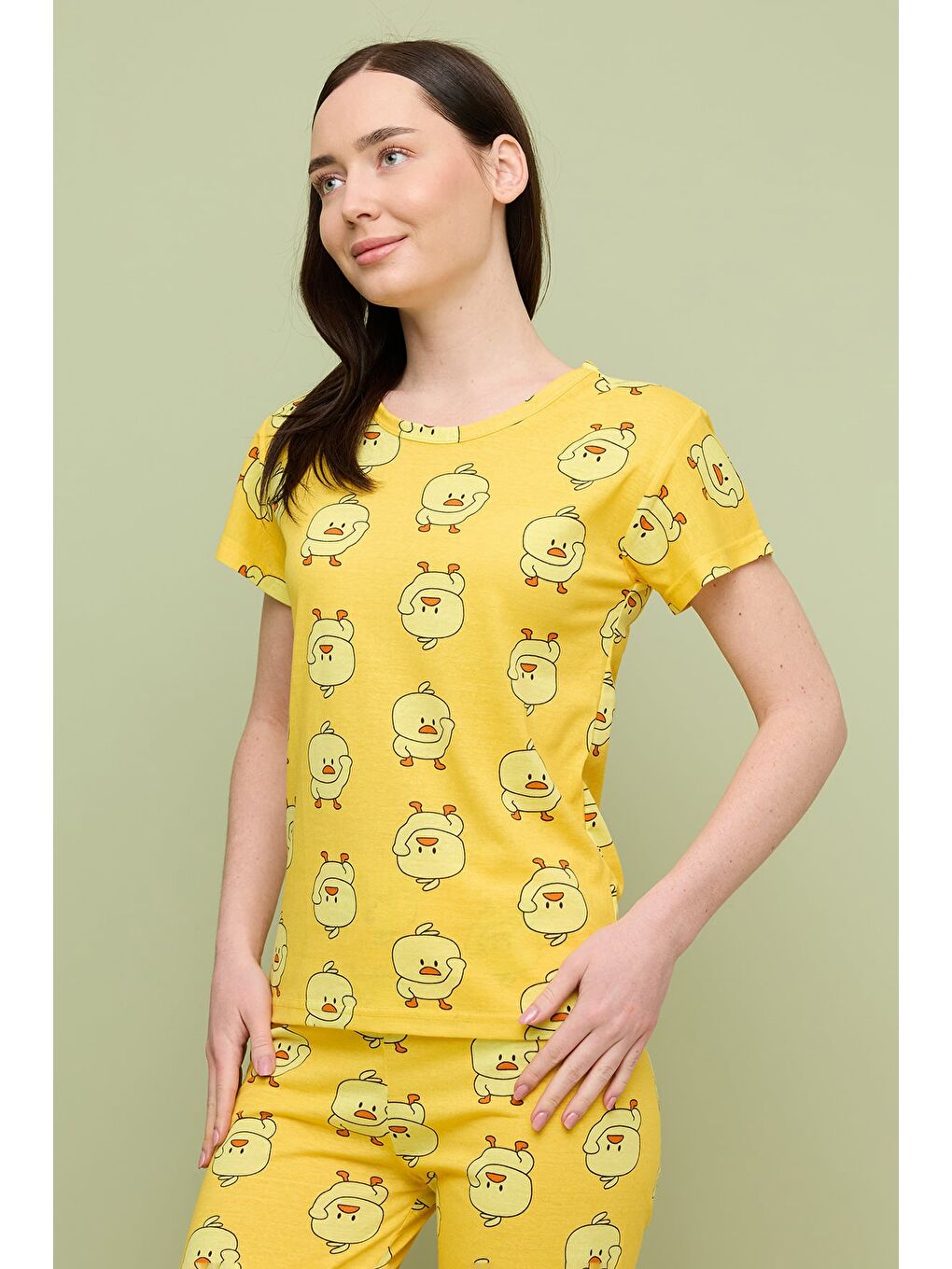 Sarı Kalp Desenli Bisiklet Yaka Kısa Kollu Pijama Takımı-2