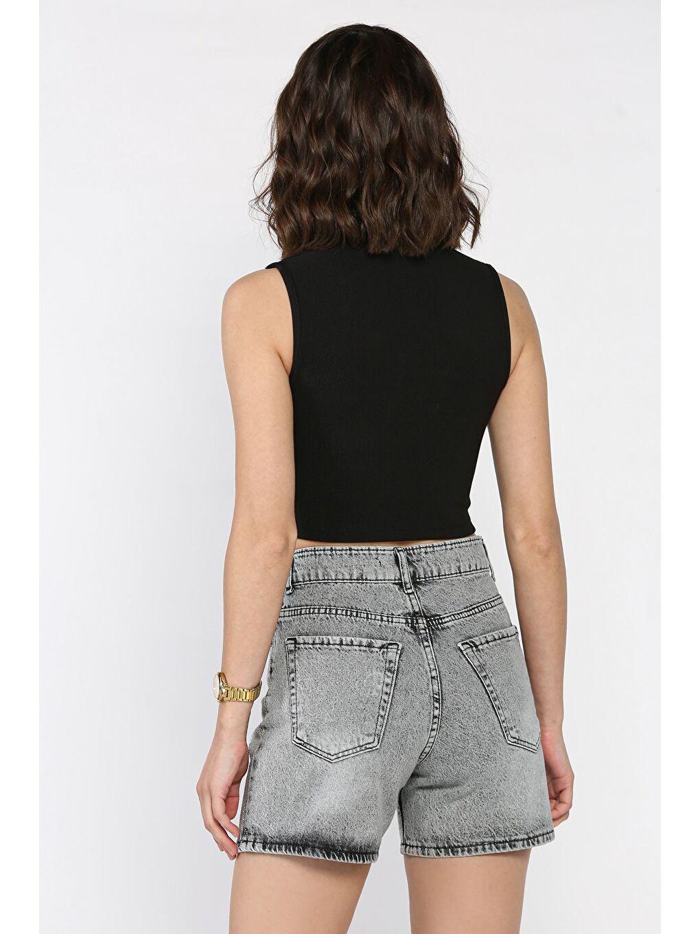 Gri Kadın Taşlı Jean Jean Şort-2