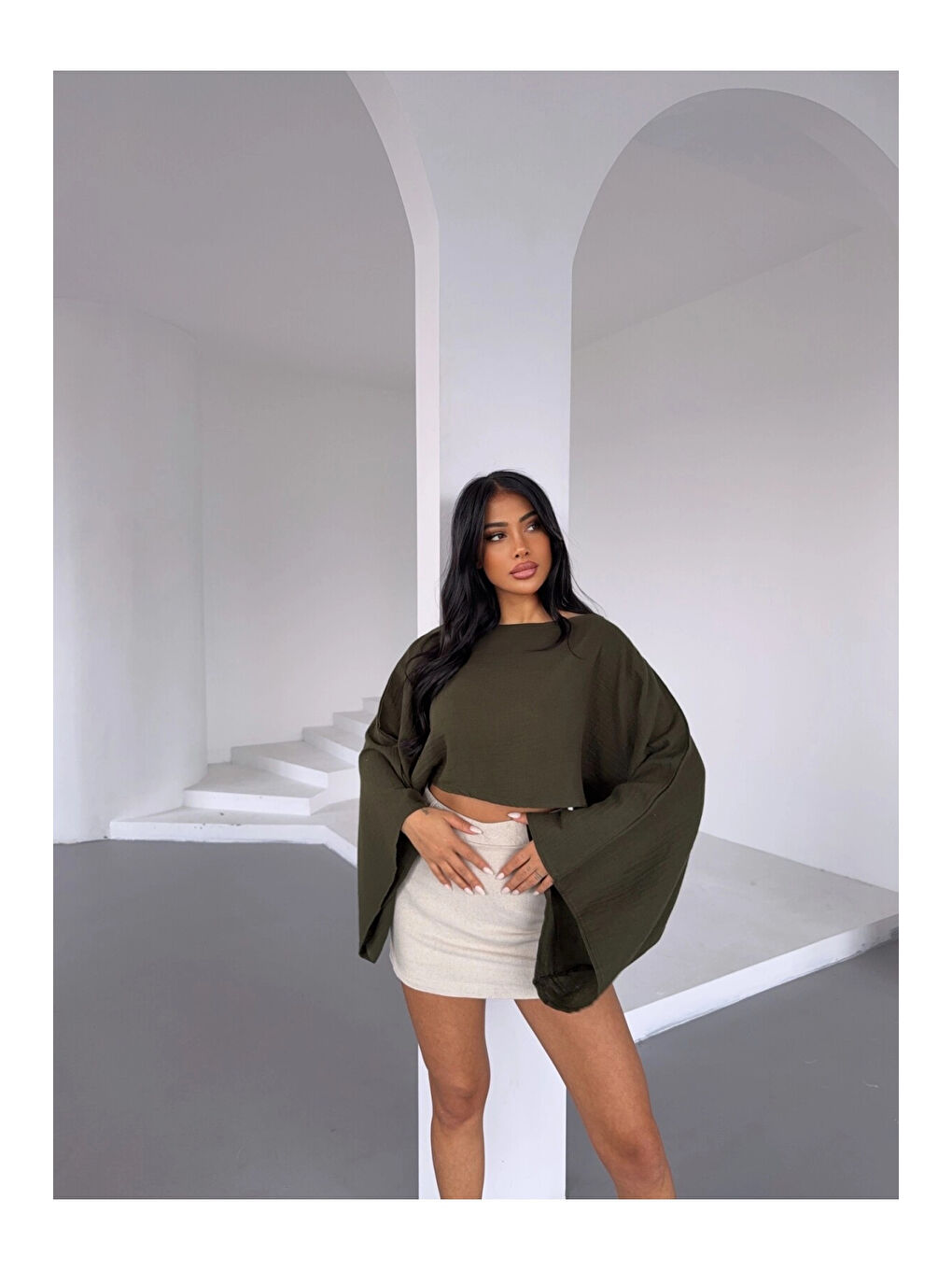 Kadın Haki Panço Model Müslin Bluz HZL25S-DSB16161-3