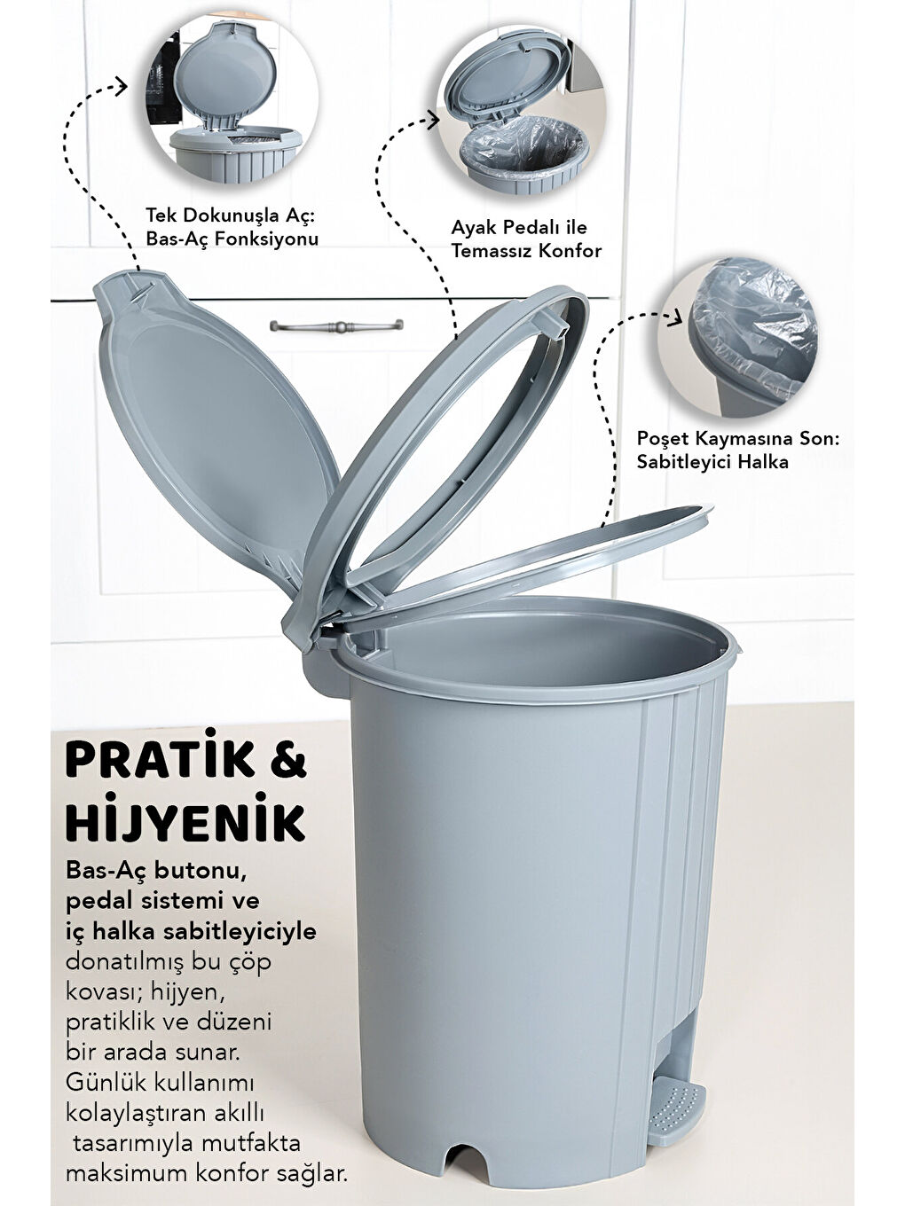 Gri 12 Litre Bas Aç Kapaklı Çöp Kovası-2