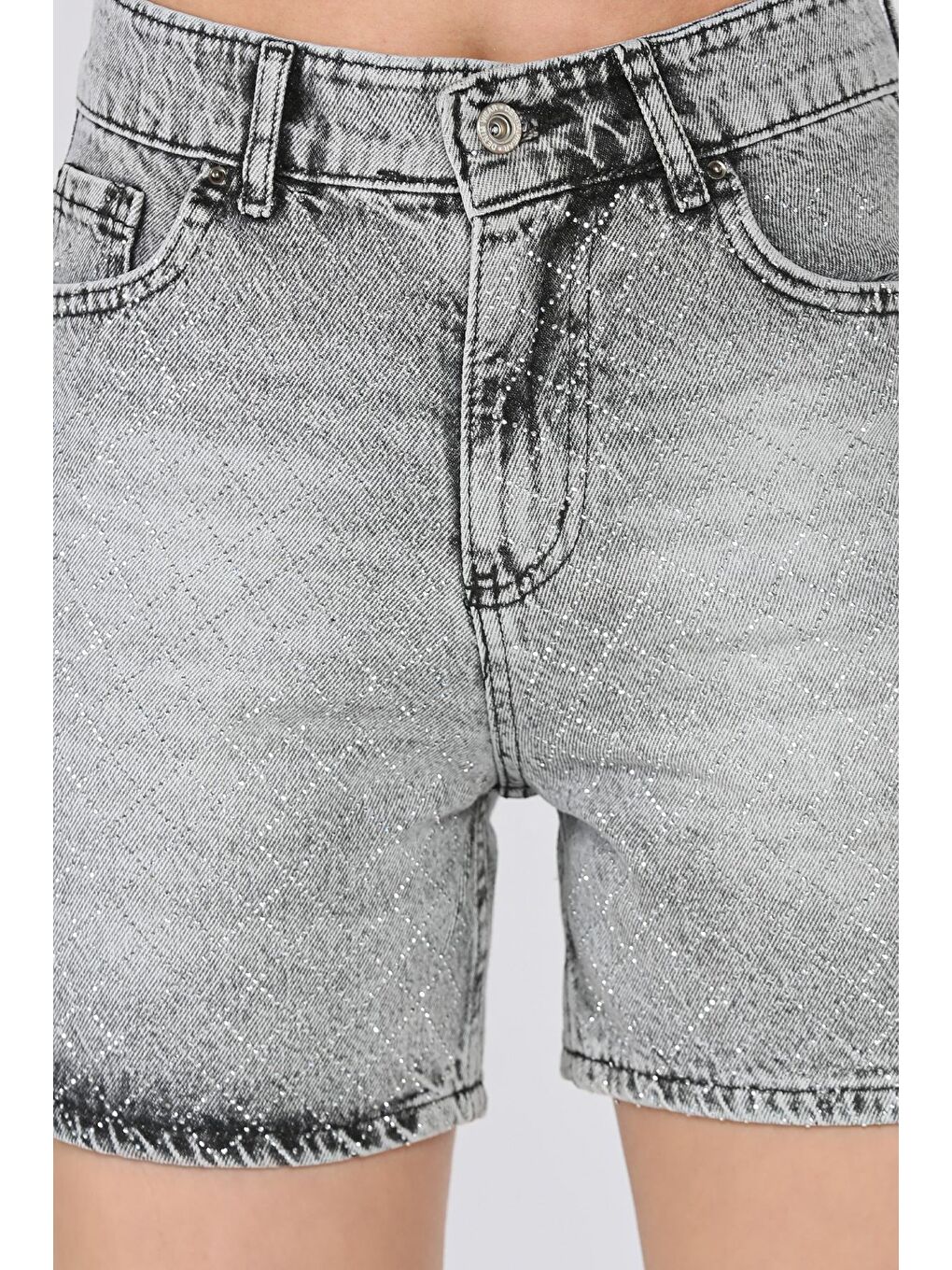 Gri Kadın Taşlı Jean Jean Şort-3