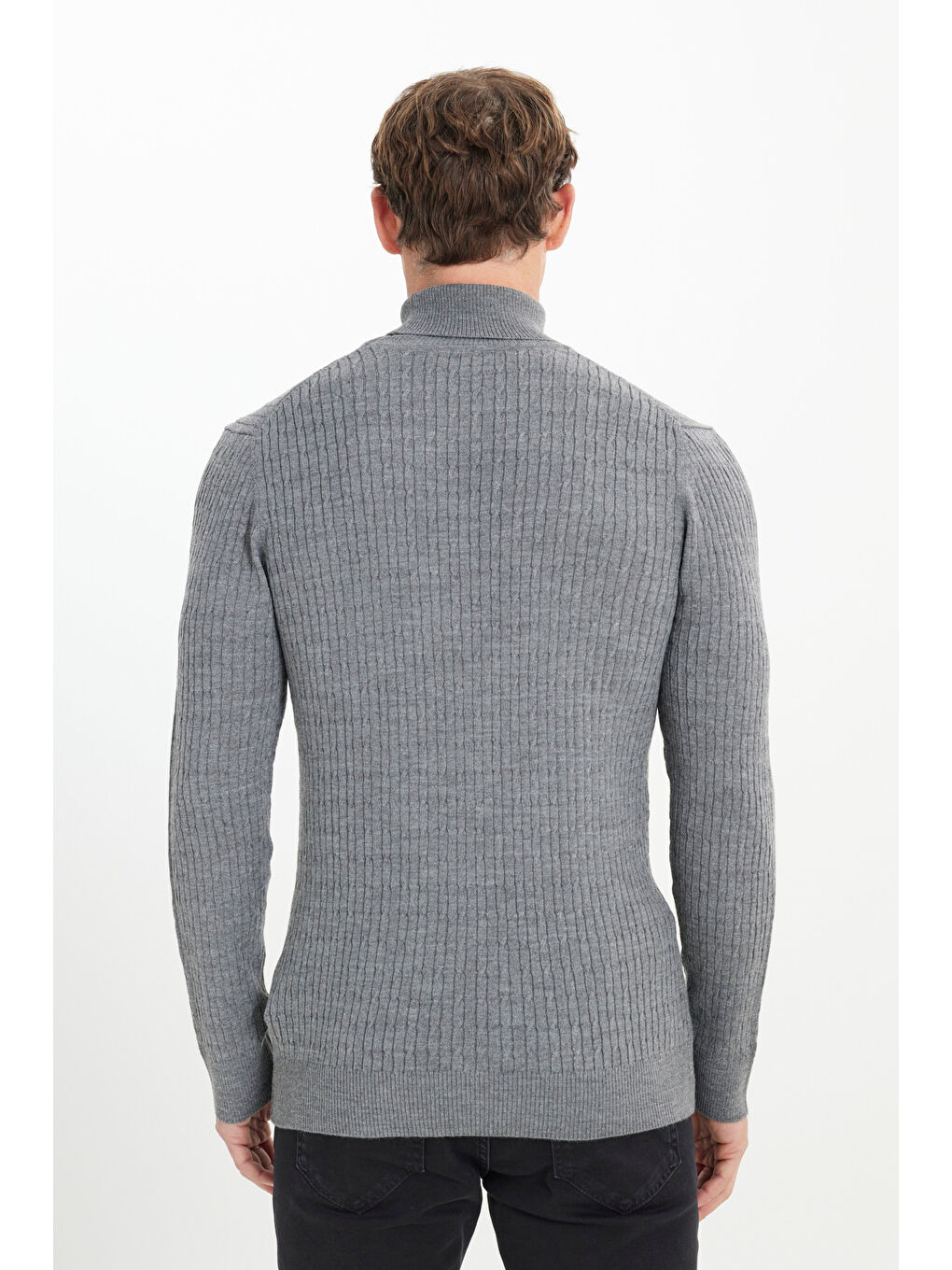 Erkek Gri Melanj Yünlü Sıcak Tutan Standart Fit Normal Kesim Saç Örgü Desenli Triko Kazak-4