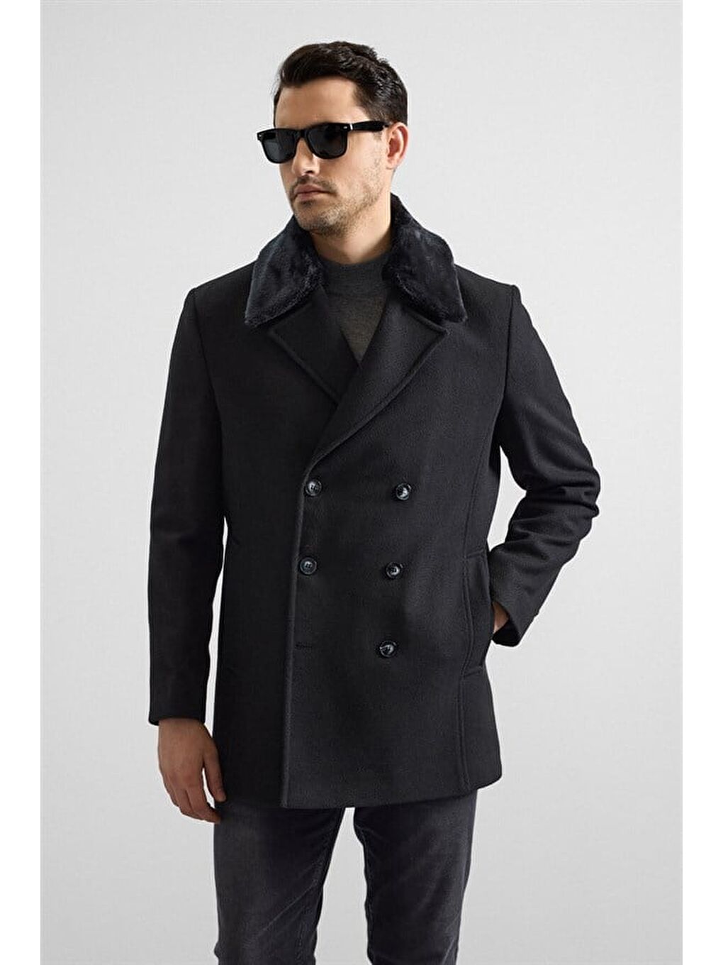 Siyah Slim Kruvaze Yaka Cepsiz Kaban-1