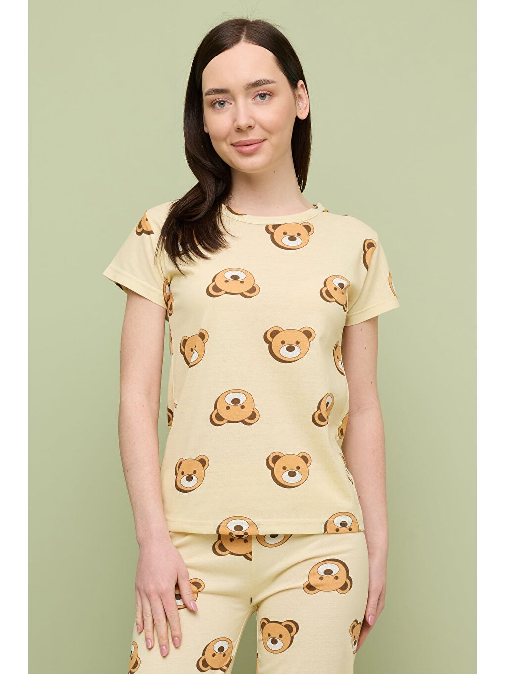 Bej Kalp Desenli Bisiklet Yaka Kısa Kollu Pijama Takımı-1