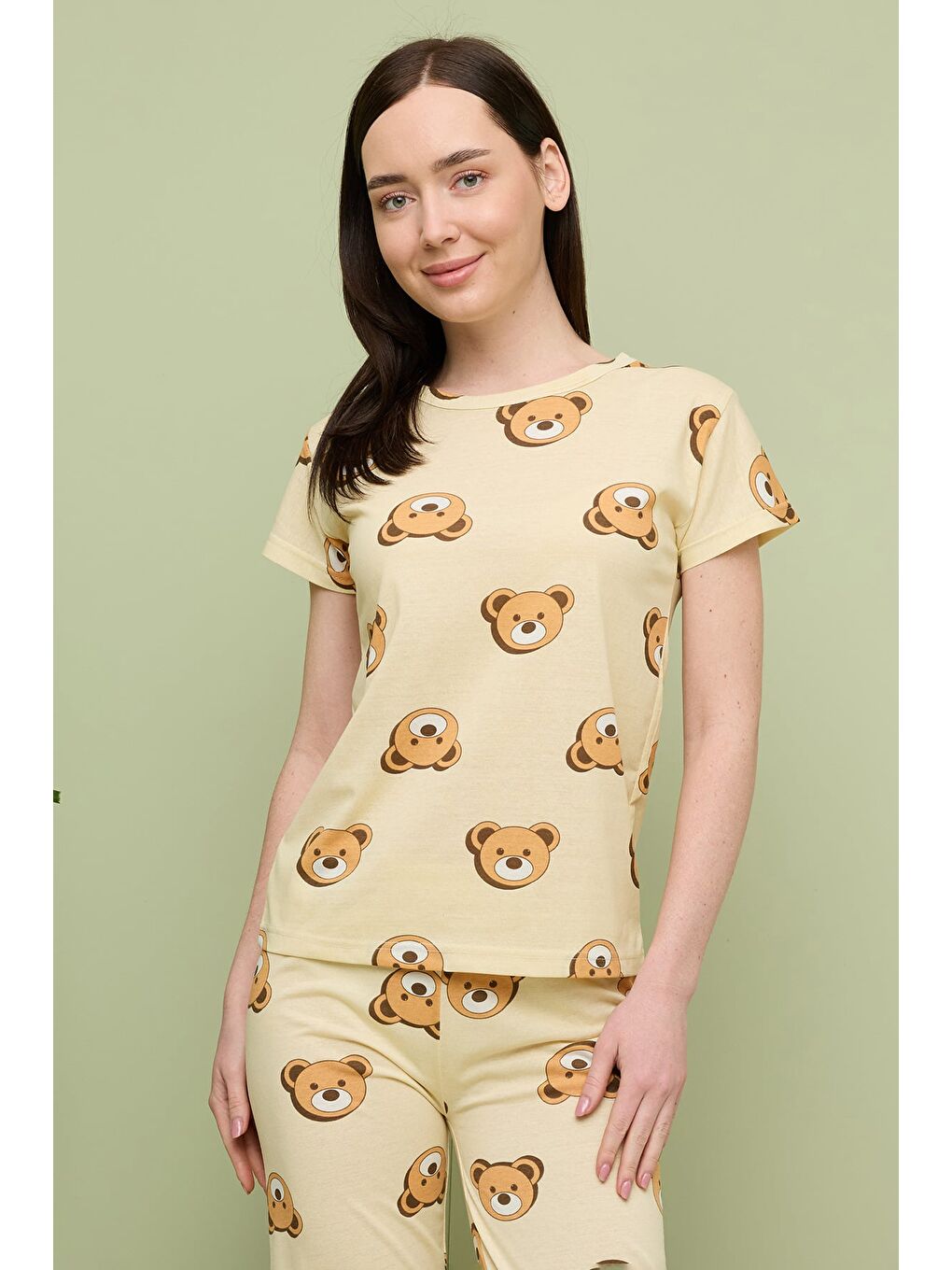 Bej Kalp Desenli Bisiklet Yaka Kısa Kollu Pijama Takımı-2